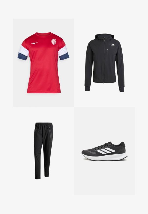 Čierna zipsová bunda s kapucňou vyrobená z mäkkej, ľahkej tkaniny. Má zipsovú náprsné vrecko a logo umiestnené v hornej ľavej časti.; Červená atletická dres s krátkymi rukávmi, s bielymi a námorníckymi modrými akcentmi. Logo na hrudi, hladká textúra, vyrobené zo syntetického materiálu.; Čierne športové nohavice s elastickým pásom, dvoma bočnými zipsovými vreckami, zužujúcimi sa nohavicami a nenápadným detailom loga na bokoch.; Čierna športová obuv s priedušným sieťovaným zvrškom, bielymi akcentmi a polstrovanou podrážkou. Na bočnej strane sa nachádza logo so tromi pruhmi.