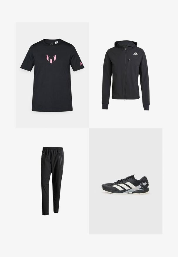 Schwarze Zip-Hoodie-Jacke aus weichem, leichtem Stoff. Verfügt über eine mit Reißverschluss verschlossene Brusttasche und ein Logodetail auf der oberen linken Seite.; Schwarzes Kurzarm-T-Shirt aus Baumwolle, mit einem pinken geometrischen Logo auf der Brust und einem Adidas-Logo auf dem Ärmel.; Schwarze Sporthose mit elastischem Bund, zwei Reißverschlusstaschen an den Seiten, schmal zulaufenden Beinen und einem dezenten Logo-Detail an der Hüfte.; Schwarzer Sportschuh mit weißen Streifen, Obermaterial aus Mesh, runde Zehenform und gepolstertem Sohlenteil. Verfügt über eine strukturierte Ferse und ein sicheres Schnürsystem.