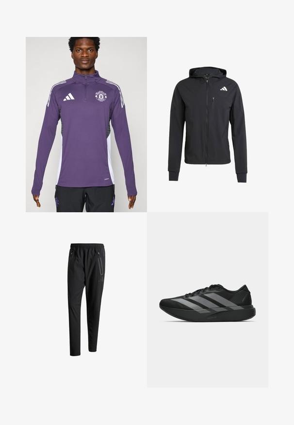 Crna zip-jakna s kapuljačom izrađena od mekog, laganog materijala. Ima ziper džep na grudima i detalj s logotipom na gornjoj lijevoj strani.; Ljubičasta atletska jakna s zip ovratnikom, s bijelim prugama na ramenima i logotipom Manchester Uniteda. Izrađena od glatkog, laganog materijala.; Crne atletske hlače s elastičnim pojasom, dva bočna džepa sa zatvaračem, suženi nogavici i diskretnim logotipom na kuku.; Crne atletske tenisice s laganim dizajnom, koje imaju tri istaknute sive pruge, glatku teksturu i oblikovanu pogodnu potplat.