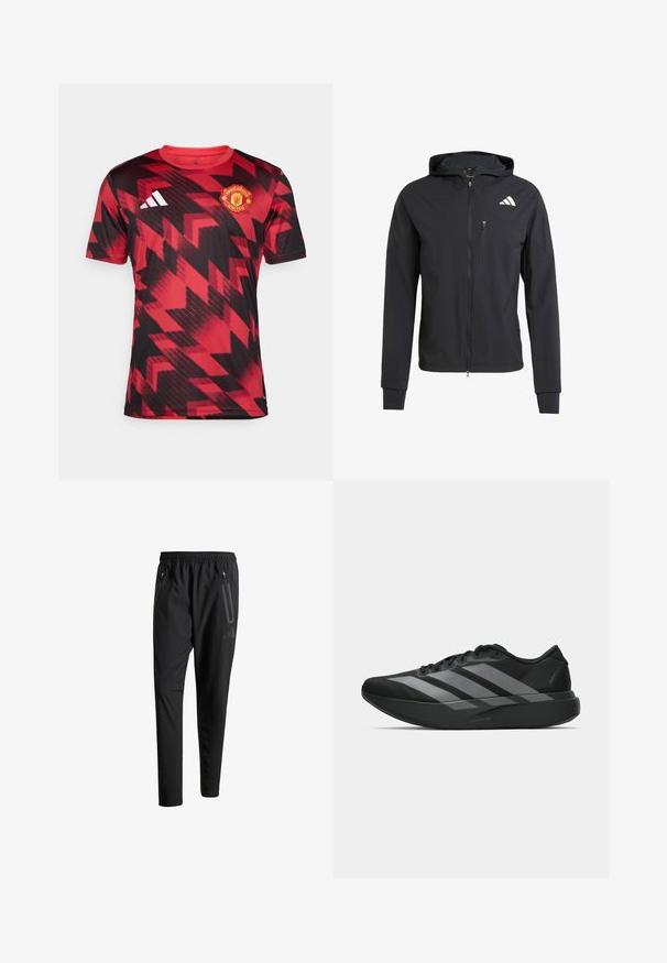 Zwarte ritssluiting capuchonjack van zacht, lichtgewicht materiaal. Heeft een ritszak op de borst en een logo-detail aan de bovenste linkerkant.; Rood en zwart Manchester United shirt, met een geometrisch patroon, korte mouwen, ronde hals en geborduurd clublogo op de borst.; Zwarte sportbroeken met een elastische tailleband, twee ritszakken aan de zijkant, taps toelopende pijpen en een subtiele logo-detail op de heup.; Zwarte sportieve schoenen met een lichtgewicht ontwerp, voorzien van drie opvallende grijze strepen, een gladde textuur en een gevormde zool.