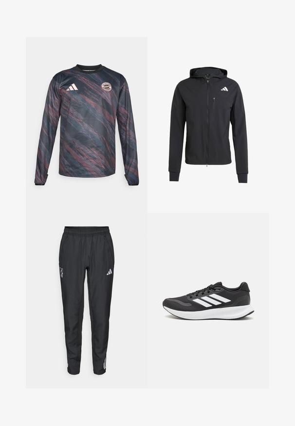 Črna zip-up kapuca iz mehkega, lahkotnega materiala. Ima žep na prsih z zadrgo in detajl logotipa na zgornji levi strani.; Dolgi rokavi dresa v temno modri in maroon barvi z teksturiranim, valovitim vzorcem. Ima črn ovratnik in logo FC Bayern München na prsih.; adidas Performance LIVERPOOL FC 25/26 EUROPEAN PRESENTATION PANTS - Klubska moštva - black; Črne športne čevlje z zračnim mrežastim zgornjim delom, belimi akcenti in oblazinjeno podplatom. Imajo tri črte logo na strani.
