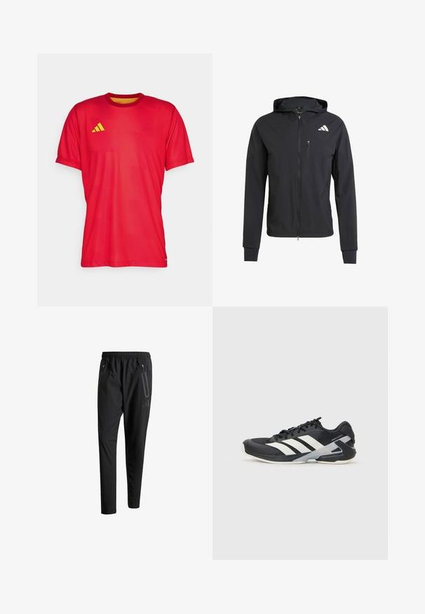 Chaqueta con capucha de color negro y cremallera, hecha de un tejido suave y ligero. Presenta un bolsillo en el pecho con cremallera y un detalle del logo en el lado superior izquierdo.; Camiseta deportiva roja hecha de tejido ligero. Presenta un cuello redondo, mangas cortas y un logotipo de acento amarillo en el lado izquierdo del pecho.; Pantalones deportivos negros con una cintura elástica, dos bolsillos laterales con cremallera, piernas ajustadas y un discreto detalle de logo en la cadera.; Zapatilla deportiva negra con franjas blancas, parte superior de malla, punta redondeada y suela acolchada. Presenta un talón texturizado y un sistema de cordones seguro.