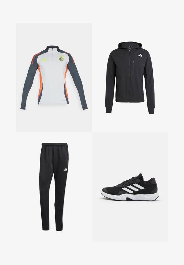 Svart zip-up huvtröja gjord av mjukt, lättviktigt tyg. Har en dragkedjeförsedd bröstficka och logotypdetalj på övre vänstra sidan.; Långärmad träningsblus i vitt, med mörkgrå ärmar och orange accentfärger på sidorna. Har en dragkedja vid halsen och en logotyp på bröstet.; Svarta träningsbyxor med elastisk midja, vita sidostreck och en liten vit logotyp på låret. Tillverkade av ett slätt, lätt material.; Svarta sportskor med ett texturerat nätövre, vita accentlinjer, en dämpad sula och en förstärkt häl för stöd.