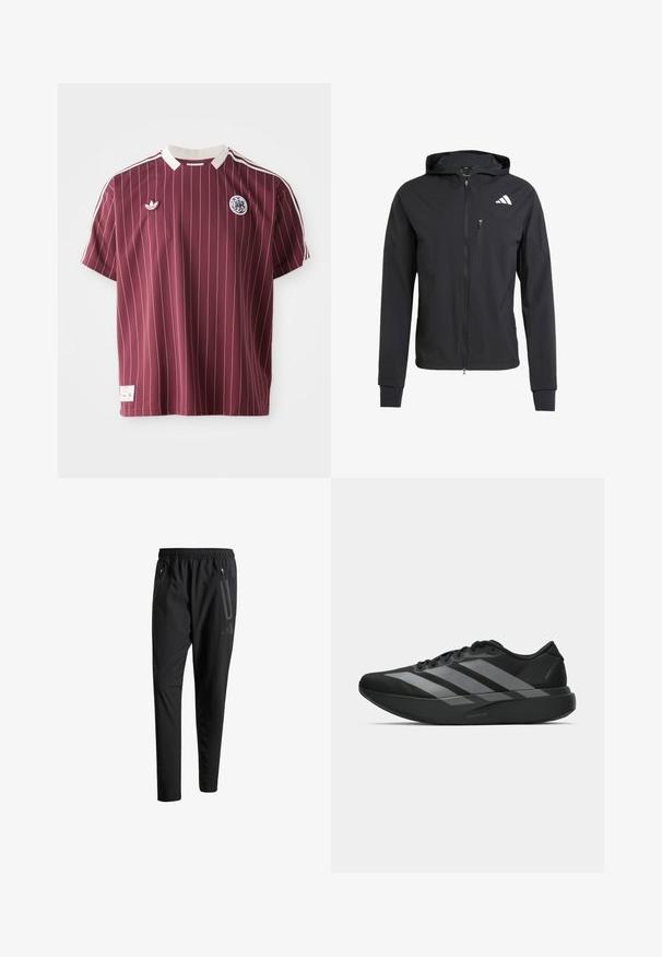 Juodas užtrauktuku užsegamas džemperis su gobtuvu, pagamintas iš minkštos, lengvos medžiagos. Turi užtrauktuką krūtinės kišenėje ir logotipą viršutiniame kairiajame kampe.; Bordo marškinėliai su vertikaliomis baltomis juostelėmis, trumpomis rankovėmis, suklijuota balta apykakle, Adidas logotipu kairėje krūtinės pusėje ir emblema dešinėje krūtinės pusėje.; Juodi sportiniai šortai su elastiniu juosmeniu, dviem užtrauktukais šoniniais kišenėmis, siaurėjančiomis kojomis ir subtiliu logotipo detaliu ant klubo.; Juodos sportinės avalynės, lengvos konstrukcijos, su trimis aiškiomis pilkomis juostomis, lygiu paviršiumi ir kontūrine padu.