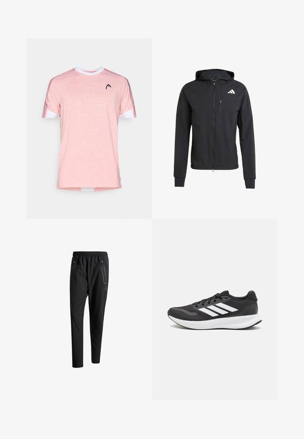 Casaco com capuz preto, com fecho éclair, feito de um tecido suave e leve. Possui um bolso no peito com fecho éclair e detalhe do logo no lado superior esquerdo.; Camisa de T-shirt de manga curta em rosa claro, feita de um tecido texturizado. Apresenta uma gola redonda branca e um logotipo preto no peito.; Calças de treino pretas com uma cintura elástica, dois bolsos laterais com fecho, pernas ajustadas e um discreto detalhe de logotipo no quadril.; Shoe de atletismo preto com parte superior em malha respirável, detalhes brancos e sola almofadada. Apresenta o logotipo das três riscas na lateral.