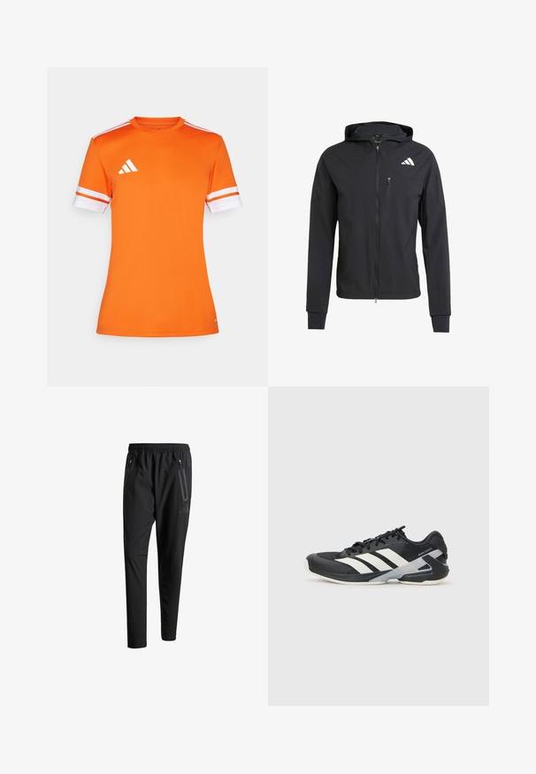 Černá zipová mikina s kapucí vyrobená z měkké, lehké látky. Obsahuje zipovou kapsu na prsou a detail loga na horní levé straně.; Oranžový sportovní dres s krátkými rukávy, bílými pruhovanými manžetami a logem Adidas na levém rameni, vyrobený z hladkého, prodyšného materiálu.; Černé sportovní kalhoty s elastickým pasem, dvěma zipovými bočními kapsami, zúženými nohavicemi a decentním logem na boku.; Černá sportovní obuv s bílými pruhy, síťovaným svrškem, zaoblenou špičkou a polstrovanou podrážkou. Obsahuje texturovanou patu a bezpečný systém šněrování.