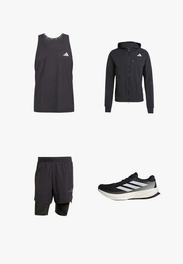 Giacca nera con zip e cappuccio realizzata in tessuto morbido e leggero. Presenta una tasca sul petto con zip e un dettaglio del logo sulla parte superiore sinistra.; Top sportivo nero con materiale in rete traspirante, scollo rotondo e logo Adidas bianco sul petto sinistro.; Pantaloni sportivi neri con strato interno integrato, realizzati in tessuto traspirante. Presentano un logo discreto e una texture strutturata. Vita regolabile.; Scarpa sportiva nera con design in rete, caratterizzata da strisce bianche, punta arrotondata e suola testurizzata per aderenza e supporto.