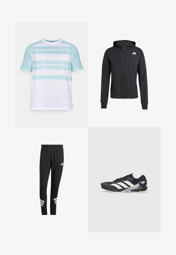 Črna zip-up kapuca iz mehkega, lahkotnega materiala. Ima žep na prsih z zadrgo in detajl logotipa na zgornji levi strani.; Bela atletska majica z svetlo modrimi detajli in črtasto mrežasto strukturo. Logo "HEAD" je prikazan na zgornji levi strani. Okrogli izrez in kratki rokavi.; Črne športne hlače z elastiko v pasu, ki imajo odsevne bele poudarke v črtastem vzorcu na spodnjem delu nog. Narejene so iz gladkega materiala.; Črne atletske čevlje z belimi črtami, mrežastim zgornjim delom, zaobljenim nosom in blaženim podplatom. Imajo teksturiran petni del in varen sistem vezalk.
