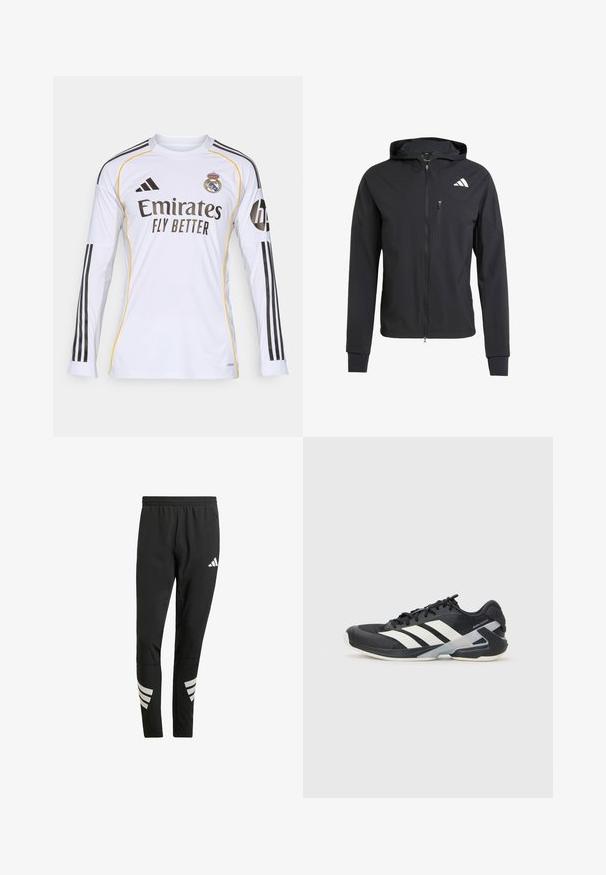 Čierna zipsová bunda s kapucňou vyrobená z mäkkej, ľahkej tkaniny. Má zipsovú náprsné vrecko a logo umiestnené v hornej ľavej časti.; Biela dlhá rukávová dres s čiernymi a žltými akcentmi, s logom "Emirates Fly Better" a erbom Real Madrid, vyrobený z ľahkého syntetického materiálu.; Čierne športové nohavice s elastickým pásom, s reflexnými bielymi akcentmi v pruhovanom vzore na dolnej časti nôh. Vyrobené z hladkej tkaniny.; Čierna športová obuv s bielymi pruhmi, sieťovinový zvršok, zaoblená špička a polstrovaná podrážka. Obsahuje štruktúrovaný opätok a bezpečný systém šnurovania.
