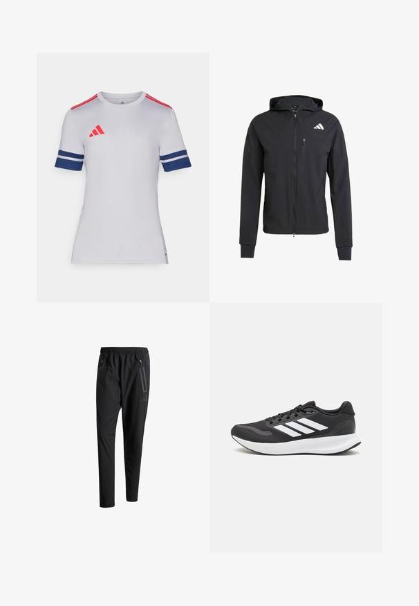 Črna zip-up kapuca iz mehkega, lahkotnega materiala. Ima žep na prsih z zadrgo in detajl logotipa na zgornji levi strani.; Bela atletska majica s kratkimi rokavi z rdečimi in mornarsko modrimi detajli. Ima Adidasovo logo, prugaste mornarsko modre rokave in krožno ovratnico.; Črne športne hlače z elastičnim pasom, dvema žepoma na zadrgo ob strani, zoženimi hlačnicami in diskretnim logotipom na boku.; Črne športne čevlje z zračnim mrežastim zgornjim delom, belimi akcenti in oblazinjeno podplatom. Imajo tri črte logo na strani.