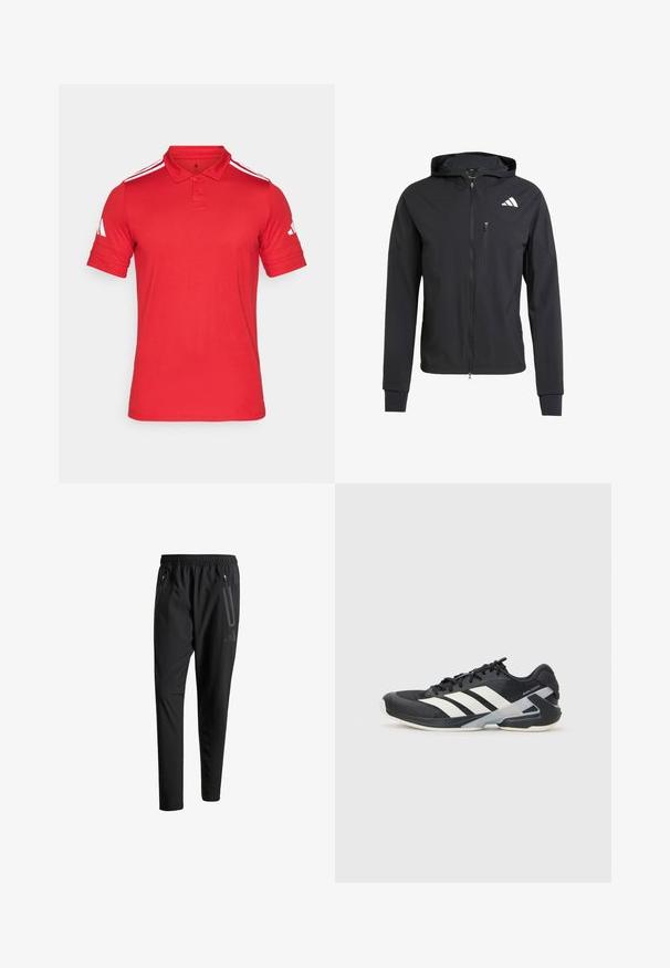 Giacca nera con zip e cappuccio realizzata in tessuto morbido e leggero. Presenta una tasca sul petto con zip e un dettaglio del logo sulla parte superiore sinistra.; Polo shirt rosso realizzato in tessuto traspirante, caratterizzato da una chiusura a due bottoni, maniche corte con strisce bianche e un dettaglio con logo sulla manica.; Pantaloni sportivi neri con vita elastica, due tasche laterali con cerniera, gambe affusolate e un sottile dettaglio del logo sull'anca.; Scarpa sportiva nera con strisce bianche, tomaia in rete, punta arrotondata e suola ammortizzata. Presenta un tallone testurizzato e un sistema di allacciatura sicuro.