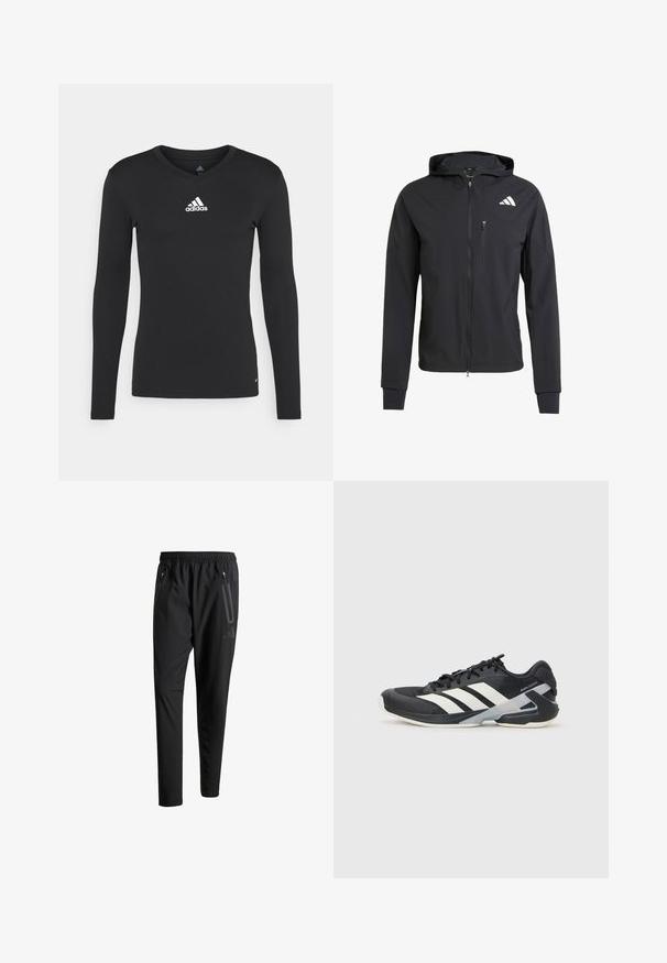 Mustmust mustrip ja pehmeast, kerge kangast. Varustatud lukuga rinna tasku ja logoga detail vasakul ülal.; Mustamustade pikad varrukad sportshirts, mis on valmistatud siledast kangast, V-kaelusega ja valge adidas logo rinnal.; Mustavad spordipüksid elastse vöökoha, kahe tõmblukuga küljetasku, kitsenevate säärete ning õrna logodetailiga puusadel.; Mustad sportlik jalanõud mustade värvidega, valgete triipudega, võrgusilma pealmine osa, ümar varvas ja pehme tallaga. Omab tekstureeritud kontsa ja kindlat paeltesüsteemi.