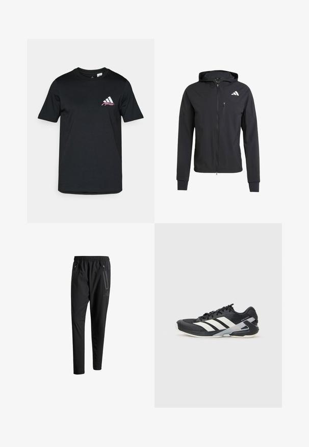 Casaco com capuz preto, com fecho éclair, feito de um tecido suave e leve. Possui um bolso no peito com fecho éclair e detalhe do logo no lado superior esquerdo.; T-shirt de algodão preta com mangas curtas, apresentando um logotipo da adidas em branco e texto rosa na área do lado esquerdo do peito. Textura suave, design simples.; Calças de treino pretas com uma cintura elástica, dois bolsos laterais com fecho, pernas ajustadas e um discreto detalhe de logotipo no quadril.; Sapata atlética preta com riscas brancas, parte superior em malha, biqueira arredondada e sola acolchoada. Apresenta um calcanhar texturizado e um sistema de atacadores seguro.