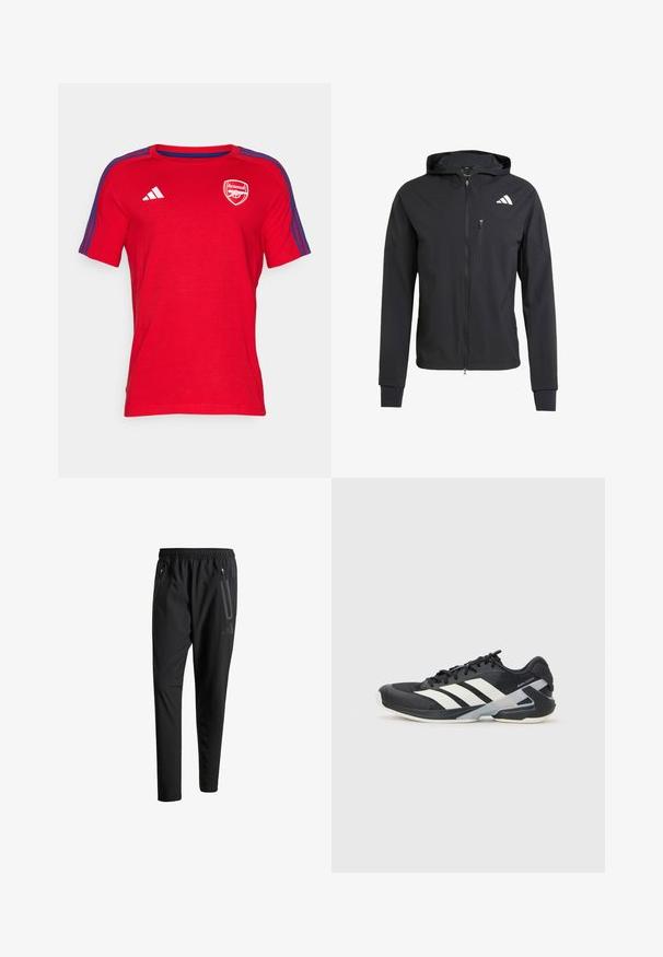 Čierna zipsová bunda s kapucňou vyrobená z mäkkej, ľahkej tkaniny. Má zipsovú náprsné vrecko a logo umiestnené v hornej ľavej časti.; Červené tričko s krátkym rukávom vyrobené z bavlnenej tkaniny, s okrúhlym výstrihom, modrými pruhmi na pleciach a logom Arsenal na hrudi.; Čierne športové nohavice s elastickým pásom, dvoma bočnými zipsovými vreckami, zužujúcimi sa nohavicami a nenápadným detailom loga na bokoch.; Čierna športová obuv s bielymi pruhmi, sieťovinový zvršok, zaoblená špička a polstrovaná podrážka. Obsahuje štruktúrovaný opätok a bezpečný systém šnurovania.