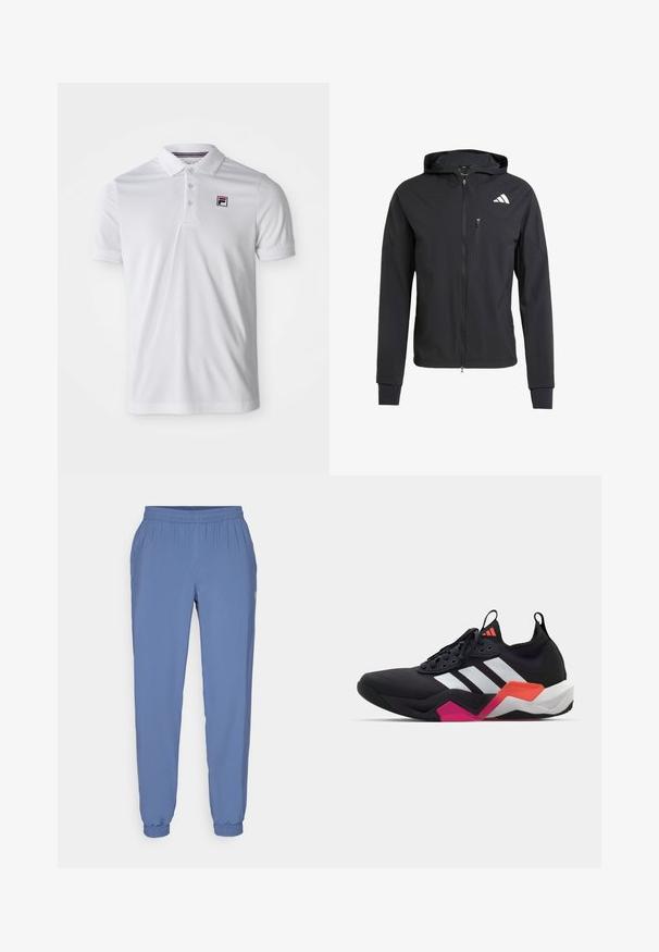 Fekete zipzáras kapucnis dzseki puha, könnyű anyagból. Zsebes mellzsebbel és logó részlettel a bal felső oldalon.; Fehér póló, sima, légáteresztő anyagból készült. Gombos gallérral rendelkezik, és az elülső bal mellen egy kis logo található. Rövid ujjak.; Kék, könnyű jogger nadrág, elasztikus derékkal és mandzsettákkal. Simább textúrával rendelkezik, és egy kis logó található az oldalon.; Fekete sportcipő fehér csíkokkal, texturált felső résszel és tömzsi talppal, narancssárga, rózsaszín és fehér díszítéssel. Fűzős kivitel, húzófüllel.