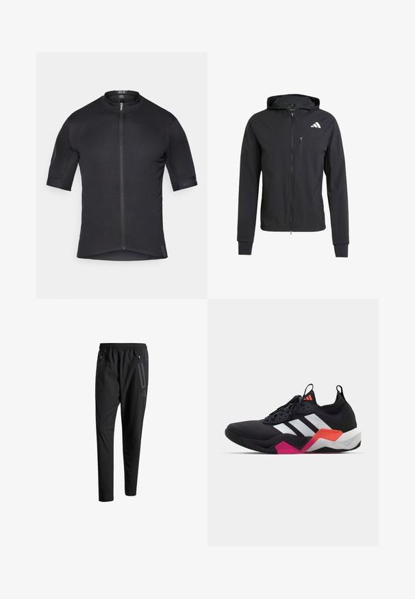 Black zip-up hooded jacket made of soft, lightweight fabric. Features a zippered chest pocket and logo detail on the upper left side.; Men’s cycling jersey, short sleeves, black color, lightweight fabric, textured shoulders, front zipper, fitted design, flat seams, subtle branding.; Black athletic pants with an elastic waistband, two zippered side pockets, tapered legs, and a subtle logo detail on the hip.; Black athletic shoe with white stripes, textured upper, and a chunky sole featuring orange, pink, and white accents. Laced design with pull tab.