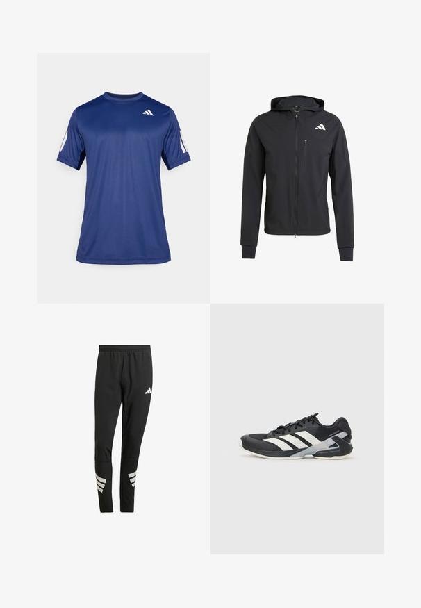 Svart hettejakke med glidelås laget av mykt, lett materiale. Har en glidelåslomme på brystet og logo detaljer øverst til venstre.; Marineblå, kortermet treningstrøye laget av glatt stoff, med rund hals og en hvit logodetalj på øverste venstre bryst.; Sorte treningsbukser med elastisk midje, med reflekterende hvite detaljer i striper på underbena. Laget av et glatt stoff.; Svart treningssko med hvite striper, mesh-overdel, avrundet tå og polstret såle. Har en teksturert hæl og et sikkert snøresystem.