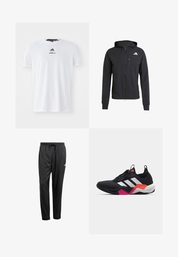 Sort zip-up hættetrøje lavet af blødt, letvægtsstof. Har en lynlåslomme på brystet og logo-detalje på øverste venstre side.; Hvid atletisk t-shirt lavet af letvægtsstof. Har rund halsudskæring, korte ærmer og sort "LES MILLS" logo på forsiden.; Sorte træningsbukser med elastisk talje, snøre, opkrøllede ankler og et lille hvidt logo på højre lår.; Sort atletisk sko med hvide striber, tekstureret overdel og en kraftig sål med orange, pink og hvide detaljer. Snørebåndsdesign med trækløkke.