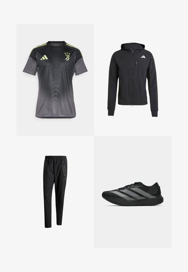 Crna zip-jakna s kapuljačom izrađena od mekog, laganog materijala. Ima ziper džep na grudima i detalj s logotipom na gornjoj lijevoj strani.; Sivi atletski dres s gradijentnim dizajnom, sa crnim rukavima, tri zelene pruge na ramena i logotipom Juventusa.; Crne atletske hlače s elastičnim pojasom, dva bočna džepa sa zatvaračem, suženi nogavici i diskretnim logotipom na kuku.; Crne atletske tenisice s laganim dizajnom, koje imaju tri istaknute sive pruge, glatku teksturu i oblikovanu pogodnu potplat.