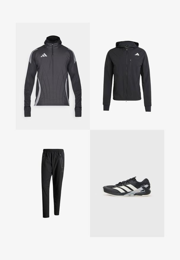 Zwarte ritssluiting capuchonjack van zacht, lichtgewicht materiaal. Heeft een ritszak op de borst en een logo-detail aan de bovenste linkerkant.; Zwarte sportjack met capuchon, rits aan de voorkant en lange mouwen. Heeft grijze strepen en een getailleerd ontwerp met textuurstof.; Zwarte sportbroeken met een elastische tailleband, twee ritszakken aan de zijkant, taps toelopende pijpen en een subtiele logo-detail op de heup.; Zwarte sportschoen met witte strepen, bovenwerk van mesh, ronde neus en geveerde zool. Heeft een getextureerde hak en een veilig vetersysteem.