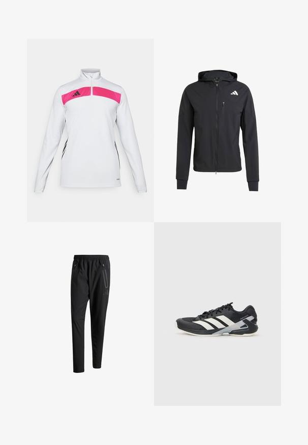 Black zip-up hooded jacket made of soft, lightweight fabric. Features a zippered chest pocket and logo detail on the upper left side.; Long-sleeve athletic shirt in white with a pink panel across the chest, featuring a quarter zip and black accent stripes on the sides.; Black athletic pants with an elastic waistband, two zippered side pockets, tapered legs, and a subtle logo detail on the hip.; Black athletic shoe with white stripes, mesh upper, rounded toe, and cushioned sole. Features a textured heel and secure lacing system.