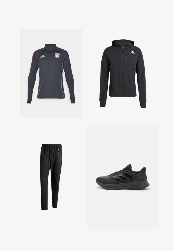 Black zip-up hooded jacket made of soft, lightweight fabric. Features a zippered chest pocket and logo detail on the upper left side.; Black athletic zip-up jacket with long sleeves, featuring red and blue shoulder accents, gold piping, and the Olympique Lyonnais logo.; Black athletic pants with an elastic waistband, two zippered side pockets, tapered legs, and a subtle logo detail on the hip.; Black athletic shoe with textured fabric upper, rubber sole, and three shiny black stripes on the side. Rounded toe and cushioned heel.