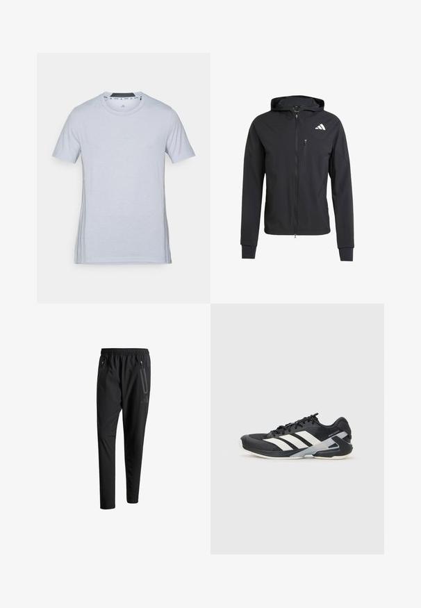 Black zip-up hooded jacket made of soft, lightweight fabric. Features a zippered chest pocket and logo detail on the upper left side.; Light gray athletic t-shirt with short sleeves, crew neck, and subtle logo on the front. Soft fabric, smooth texture, and side accents.; Black athletic pants with an elastic waistband, two zippered side pockets, tapered legs, and a subtle logo detail on the hip.; Black athletic shoe with white stripes, mesh upper, rounded toe, and cushioned sole. Features a textured heel and secure lacing system.