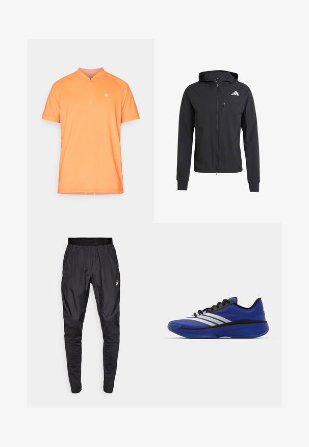 Čierna zipsová bunda s kapucňou vyrobená z mäkkej, ľahkej tkaniny. Má zipsovú náprsné vrecko a logo umiestnené v hornej ľavej časti.; Krátky rukáv, oranžová polo košeľa so stojatým golierom a polovičným zipsom vpredu. Obsahuje malé biele logo na ľavej hrudi. Hladká textúra.; Čierne športové nohavice s elastickým pásom, bočnými vreckami a kontrastnými textúrovanými panelmi na nohách. Logo Asics na boku.; adidas Performance ADIZERO SELECT 3.0 - Basketbalová obuv - lucid blue/core black/metallic