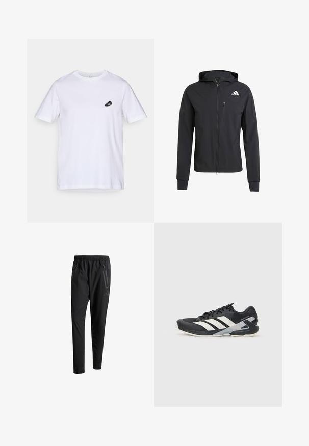 Chaqueta con capucha de color negro y cremallera, hecha de un tejido suave y ligero. Presenta un bolsillo en el pecho con cremallera y un detalle del logo en el lado superior izquierdo.; Camiseta de algodón blanca con mangas cortas y escote redondo; tiene un pequeño gráfico de una bota de fútbol negra en el lado izquierdo del pecho.; Pantalones deportivos negros con una cintura elástica, dos bolsillos laterales con cremallera, piernas ajustadas y un discreto detalle de logo en la cadera.; Zapatilla deportiva negra con franjas blancas, parte superior de malla, punta redondeada y suela acolchada. Presenta un talón texturizado y un sistema de cordones seguro.