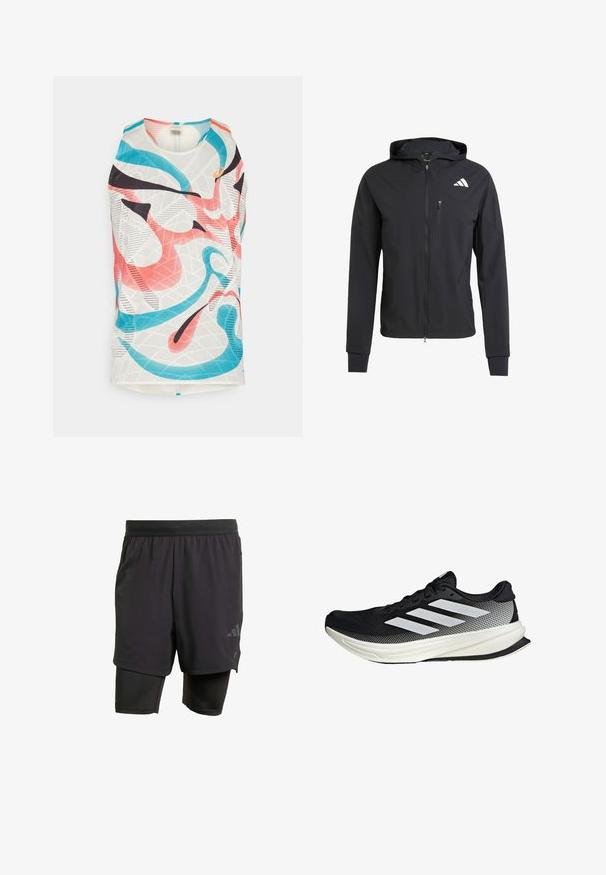 Musta vetoketjullinen huppari, joka on valmistettu pehmeästä ja kevyestä kankaasta. Siinä on vetoketjullinen rintatasku ja logotunnus vasemmalla ylhäällä.; Hihaton urheilu paita, joka on valmistettu verkkomateriaalista. Ominaisuuksina monivärinen abstrakti kuvio vaaleanpunaisena, sinisenä ja mustana. Pyöreä kaula-aukko.; Musta urheilushortsit integroitu sisäkerros, valmistettu hengittävästä kankaasta. Ominaisuuksiin kuuluu huomaamaton logo ja rakenteellinen tekstuuri. Säädettävä vyötärö.; Musta urheilukengä, jossa on verkkomaisia yksityiskohtia, valkoiset raidat, pyöristetty kärki ja pintakuvioitu pohja pidon ja tuen tarjoamiseksi.