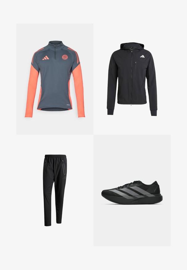 Schwarze Zip-Hoodie-Jacke aus weichem, leichtem Stoff. Verfügt über eine mit Reißverschluss verschlossene Brusttasche und ein Logodetail auf der oberen linken Seite.; Graues sportliches Langarmshirt mit Viertelreißverschluss, korallenfarbigen Akzenten an Schultern und Ärmeln sowie dem Logo von Bayern München auf der Brust. Aeroready-Technologie.; Schwarze Sporthose mit elastischem Bund, zwei Reißverschlusstaschen an den Seiten, schmal zulaufenden Beinen und einem dezenten Logo-Detail an der Hüfte.; Schwarze Sportschuhe mit einem leichten Design, ausgestattet mit drei auffälligen grauen Streifen, einer glatten Textur und einer konturierten Sohle.