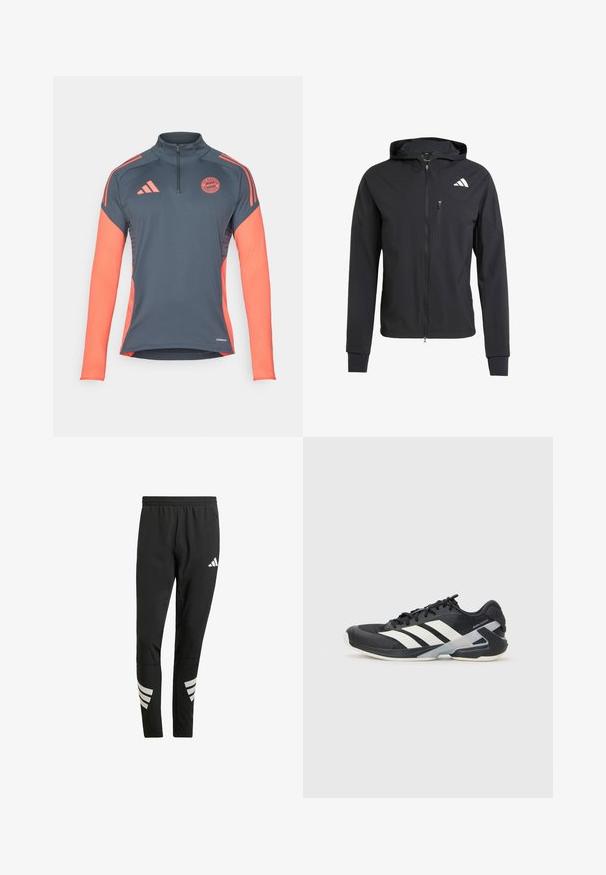 Veste à capuche zippée noire en tissu doux et léger. Elle présente une poche poitrine zippée et un détail de logo sur le côté supérieur gauche.; T-shirt de sport gris à manches longues avec une fermeture éclair quart, accents corail sur les épaules et les manches, et logo Bayern München sur la poitrine. Technologie Aeroready.; Pantalons de sport noirs avec une taille élastique, présentant des accents blancs réfléchissants en motif rayé sur les jambes inférieures. Fabriqués dans un tissu lisse.; Chaussure de sport noire avec des rayures blanches, tige en mesh, bout arrondi et semelle rembourrée. Comprend un talon texturé et un système de laçage sécurisé.