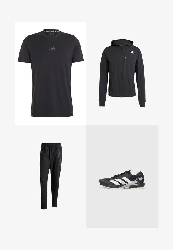 Čierna zipsová bunda s kapucňou vyrobená z mäkkej, ľahkej tkaniny. Má zipsovú náprsné vrecko a logo umiestnené v hornej ľavej časti.; Čierne tréningové tričko s krátkym rukávom vyrobené z ľahkej tkaniny, s okrúhlym výstrihom a jemne vystúpeným logom na hrudi.; Čierne športové nohavice s elastickým pásom, dvoma bočnými zipsovými vreckami, zužujúcimi sa nohavicami a nenápadným detailom loga na bokoch.; Čierna športová obuv s bielymi pruhmi, sieťovinový zvršok, zaoblená špička a polstrovaná podrážka. Obsahuje štruktúrovaný opätok a bezpečný systém šnurovania.