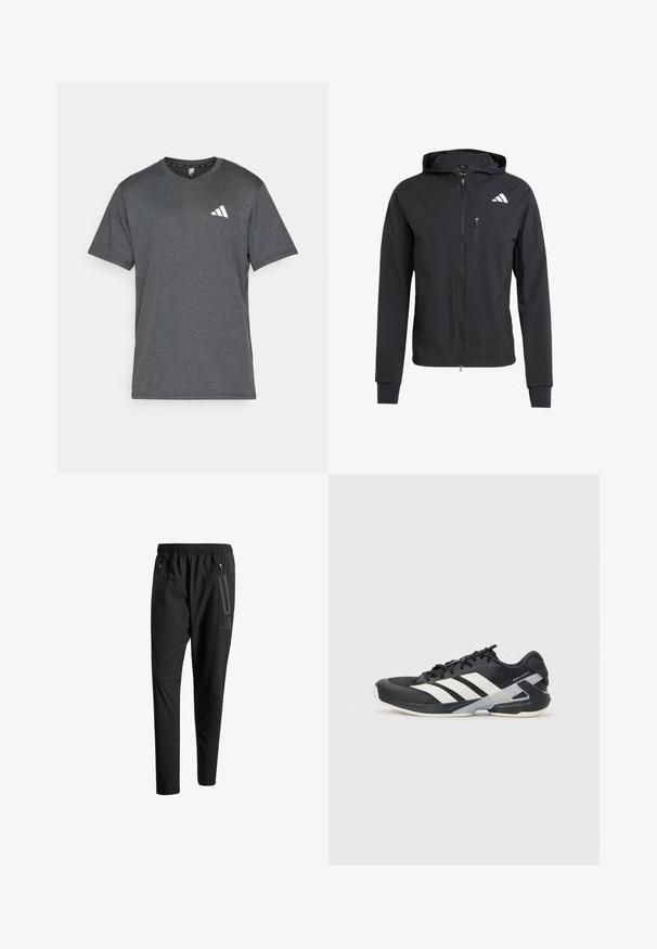 Jachetă neagră cu fermoar, cu glugă, realizată dintr-un material moale și ușor. Prezintă un buzunar pe piept cu fermoar și detalii cu logo în partea stângă sus.; Tricou sportiv gri închis, realizat din material respirabil, cu mâneci scurte și un accent cu logo alb pe partea stângă a pieptului. Suprafață texturată.; Pantaloni atletici negri cu talie elastică, două buzunare laterale cu fermoar, picioare conice și un detaliu logo discret pe șold.; Pantofii sport negri cu dungi albe, superior din plasă, vârf rotunjit și talpă îmbunătățită pentru amortizare. Au o călcătură texturată și un sistem de șireturi securizat.