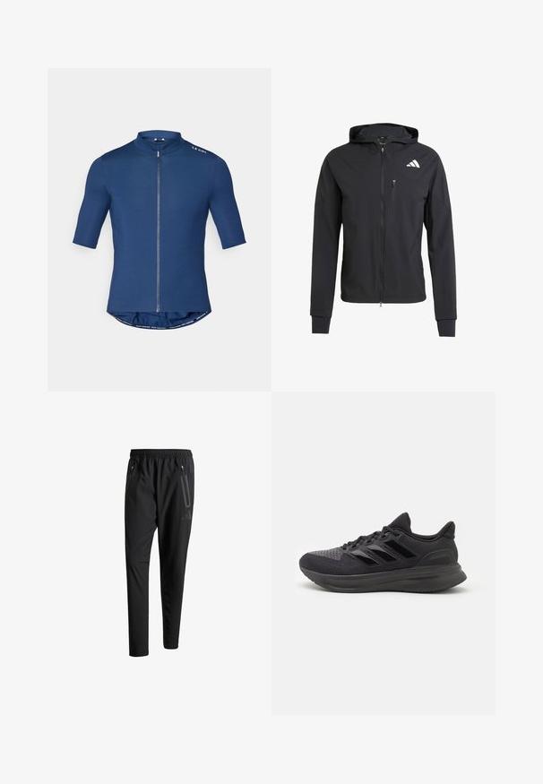 Sort zip-up hættetrøje lavet af blødt, letvægtsstof. Har en lynlåslomme på brystet og logo-detalje på øverste venstre side.; Korte ærmer cykelt skjorte i marineblå, med fuld lynlås, høj krave og rund kant. Lavet af glat, strækbart materiale.; Sorte atletiske bukser med elastisk talje, to lynlåslommer på siden, tætsiddende ben og en diskret logo-detalje på hoften.; Sort atletisk sko med tekstureret stofoverdel, gummisål og tre skinnende sorte striber på siden. Rund tå og polstret hæl.