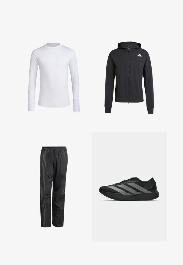 Schwarze Zip-Hoodie-Jacke aus weichem, leichtem Stoff. Verfügt über eine mit Reißverschluss verschlossene Brusttasche und ein Logodetail auf der oberen linken Seite.; Weißes langärmliges Sportshirt aus glattem, dehnbarem Stoff. Verfügt über einen Rundhalsausschnitt und eine schlanke Passform, mit dezenten Details an den Ärmeln.; Schwarze Sporthose aus leichtem, strukturiertem Material mit einem lockeren Schnitt, elastischem Bund und drei vertikalen grauen Streifen an den Seiten.; Schwarze Sportschuhe mit einem leichten Design, ausgestattet mit drei auffälligen grauen Streifen, einer glatten Textur und einer konturierten Sohle.