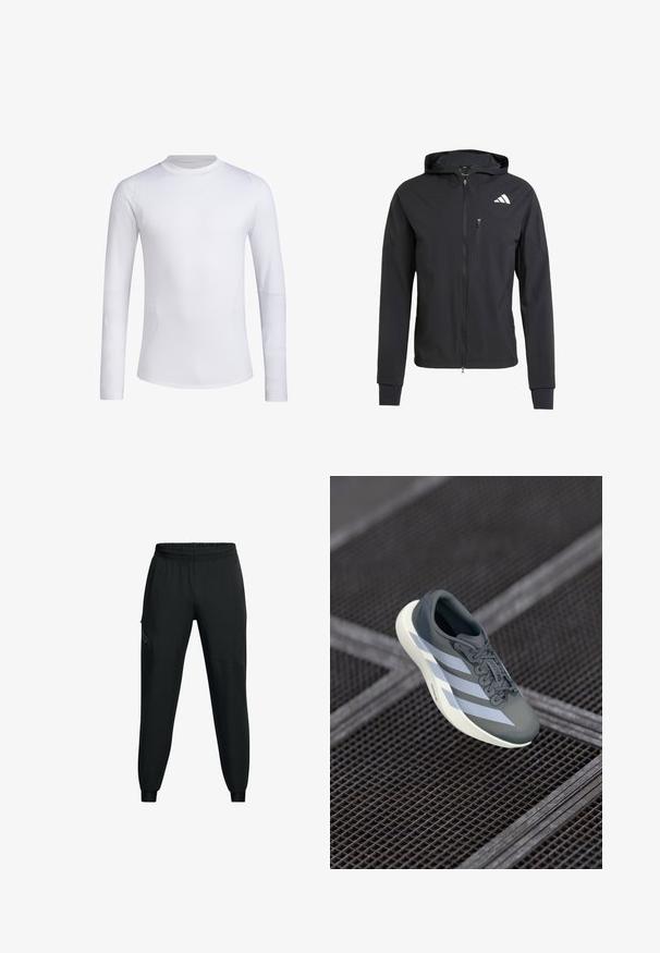 Schwarze Zip-Hoodie-Jacke aus weichem, leichtem Stoff. Verfügt über eine mit Reißverschluss verschlossene Brusttasche und ein Logodetail auf der oberen linken Seite.; Weißes langärmliges Sportshirt aus glattem, dehnbarem Stoff. Verfügt über einen Rundhalsausschnitt und eine schlanke Passform, mit dezenten Details an den Ärmeln.; Schwarze Sporthose mit elastischem Bund, tailliertem Bein-Design, seitlichen Taschen und kontrastierenden Paneeldetails. Leichter, glatter Stoff.; Sportsschuh in Grau und Weiß, aus synthetischem Material gefertigt, mit einem schlanken Design, strukturiertem Finish und ausgeprägtem Schnürsystem.