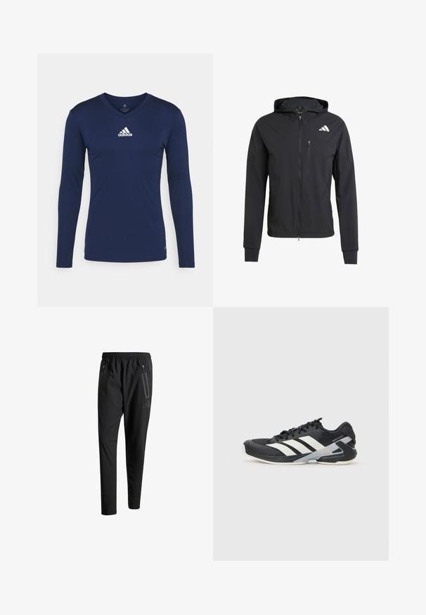 Casaco com capuz preto, com fecho éclair, feito de um tecido suave e leve. Possui um bolso no peito com fecho éclair e detalhe do logo no lado superior esquerdo.; Camisola de treino de manga longa azul-marinho, feita de tecido texturizado, com decote em V e logótipo branco da Adidas no peito. Design simples, forma ajustada.; Calças de treino pretas com uma cintura elástica, dois bolsos laterais com fecho, pernas ajustadas e um discreto detalhe de logotipo no quadril.; Sapata atlética preta com riscas brancas, parte superior em malha, biqueira arredondada e sola acolchoada. Apresenta um calcanhar texturizado e um sistema de atacadores seguro.