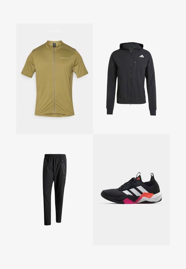 Giacca nera con zip e cappuccio realizzata in tessuto morbido e leggero. Presenta una tasca sul petto con zip e un dettaglio del logo sulla parte superiore sinistra.; Maglia da ciclismo a maniche corte di colore verde oliva, con zip frontale completa. Presenta un colletto rialzato e un logo discreto sul lato sinistro superiore.; Pantaloni sportivi neri con vita elastica, due tasche laterali con cerniera, gambe affusolate e un sottile dettaglio del logo sull'anca.; Sneaker nera da atletica con strisce bianche, tomaia testurizzata e suola spessa con dettagli arancioni, rosa e bianchi. Design con lacci e maniglia per il pull.