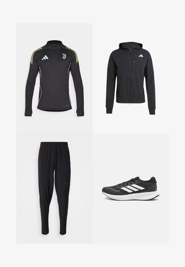 Černá zipová mikina s kapucí vyrobená z měkké, lehké látky. Obsahuje zipovou kapsu na prsou a detail loga na horní levé straně.; Černý tréninkový top s dlouhým rukávem a půl zipem, žlutými pruhy na ramenech, růžovými bočními akcenty a světlemodrým logem na hrudi.; Černé sportovní kalhoty s elastickým páskem, zúženým střihem, bočními kapsami a nenápadným logem. Vyrobeno z pružné, prodyšné látky.; Černá sportovní obuv s prodyšným síťovaným svrškem, bílými akcenty a polstrovanou podrážkou. Na boku se nachází logo se třemi pruhy.