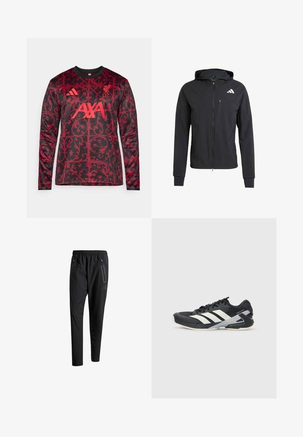 Black zip-up hooded jacket made of soft, lightweight fabric. Features a zippered chest pocket and logo detail on the upper left side.; adidas Performance LIVERPOOL FC 25/26 PRE MATCH WARM TOP - Club wear - black/pure ruby; Black athletic pants with an elastic waistband, two zippered side pockets, tapered legs, and a subtle logo detail on the hip.; Black athletic shoe with white stripes, mesh upper, rounded toe, and cushioned sole. Features a textured heel and secure lacing system.