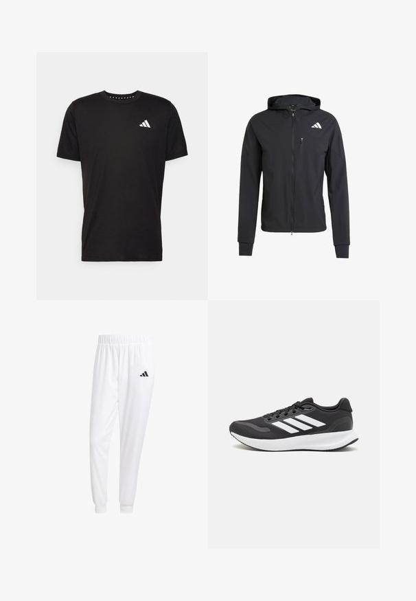 Svart zip-up huvtröja gjord av mjukt, lättviktigt tyg. Har en dragkedjeförsedd bröstficka och logotypdetalj på övre vänstra sidan.; Svart bomullströja med korta ärmar, rundad halsringning och en vit logotyp på vänster bröst. Slät textur och enkelt design.; Vita atletiska byxor gjorda av slät tyg, med resårmidja och åtsittande manschetter, samt en svart logotyp på bakfickan.; Svart atletisk sko med andningsbar mesh-överdel, vita detaljer och en dämpad sula. Har tre ränder logo på sidan.