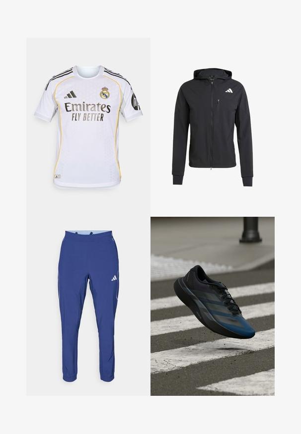 Svart hettejakke med glidelås laget av mykt, lett materiale. Har en glidelåslomme på brystet og logo detaljer øverst til venstre.; Hvit fotballtrøye med korte ermer, med svarte og gule detaljer, rund hals og teksturert stoff. Viser laglogo og sponsor navn.; adidas Performance TECH APP - Joggebukse - dark blue/glow blue; Svart og blå atletisk sko med en strømlinjeformet utforming, som har en teksturert overdel, kontrasterende striper og en polstret såle, svevende over fortauet.