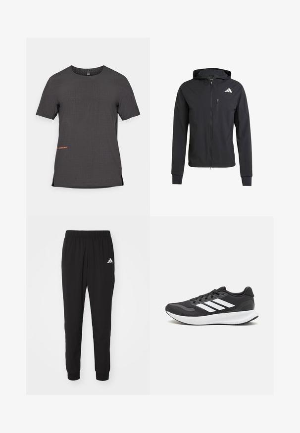 Sort zip-up hættetrøje lavet af blødt, letvægtsstof. Har en lynlåslomme på brystet og logo-detalje på øverste venstre side.; Korte ærmer, sort atletisk T-shirt med perforeret mønster, sidedelinger og orange logo-detalje ved kanten. Glat, letvægtsstof.; Sorte træningsbukser med elastisk talje, manchetter ved anklerne og hvid Adidas-logo på venstre lår. Fremstillet af let, glat stof.; Sort atletik sko med åndbart mesh-overdel, hvide accenter og en polstret sål. Har tre-stripes logo på siden.