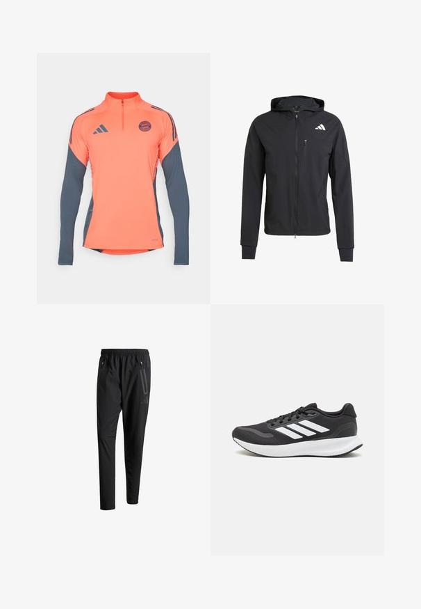 Černá zipová mikina s kapucí vyrobená z měkké, lehké látky. Obsahuje zipovou kapsu na prsou a detail loga na horní levé straně.; Oranžové sportovní tričko s dlouhými šedými rukávy, poloviční zip, loga Adidas a emblém FC Bayern Mnichov na hrudi. Hladká tkanina, moderní design.; Černé sportovní kalhoty s elastickým pasem, dvěma zipovými bočními kapsami, zúženými nohavicemi a decentním logem na boku.; Černá sportovní obuv s prodyšným síťovaným svrškem, bílými akcenty a polstrovanou podrážkou. Na boku se nachází logo se třemi pruhy.