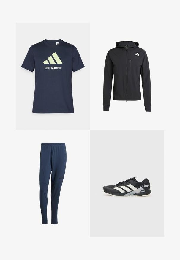 Black zip-up hooded jacket made of soft, lightweight fabric. Features a zippered chest pocket and logo detail on the upper left side.; Navy blue cotton t-shirt featuring a large light green Adidas logo and "REAL MADRID" text in white. Short sleeves, classic crew neck design.; Navy athletic pants made from a smooth, stretchy material. Features an elastic waistband and a black logo on the left leg.; Black athletic shoe with white stripes, mesh upper, rounded toe, and cushioned sole. Features a textured heel and secure lacing system.