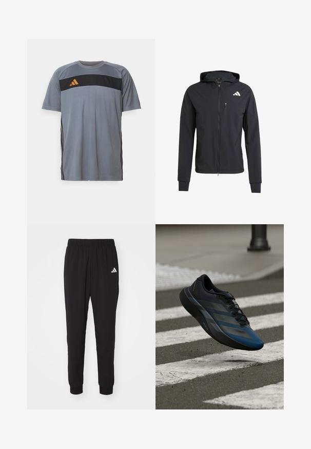 Black zip-up hooded jacket made of soft, lightweight fabric. Features a zippered chest pocket and logo detail on the upper left side.; Gray athletic t-shirt with short sleeves, featuring a black horizontal panel and orange logo. Black stripes run down the sides.; Black athletic pants with an elastic waistband, cuffed ankles, and white Adidas logo on the left thigh. Made from lightweight, smooth fabric.; Black and blue athletic shoe with a streamlined design, featuring a textured upper, contrasting stripes, and a cushioned sole, hovering over pavement.