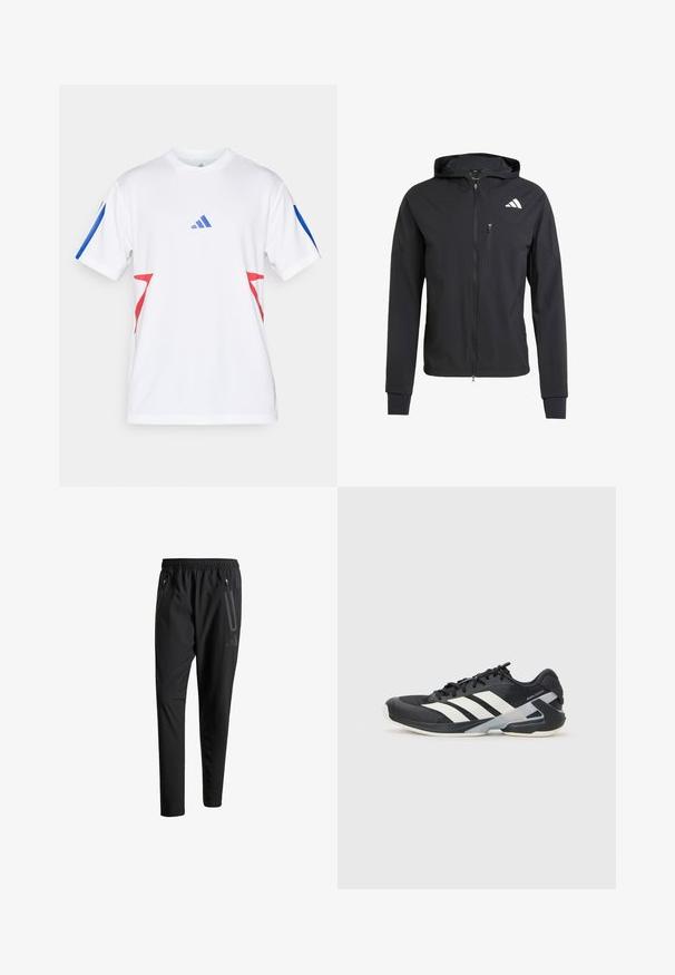 Crna zip-jakna s kapuljačom izrađena od mekog, laganog materijala. Ima ziper džep na grudima i detalj s logotipom na gornjoj lijevoj strani.; Bijela atletska majica od lagane mrežaste tkanine, s plavim naglascima na rukavima i crvenim trokutastim uzorcima sa strane. Prikazan Adidas logo.; Crne atletske hlače s elastičnim pojasom, dva bočna džepa sa zatvaračem, suženi nogavici i diskretnim logotipom na kuku.; Crne atletske cipele s bijelim prugama, mrežasta gornja strana, zaobljeni prst i podstavljeni đon. Imaju teksturiranu petu i siguran sustav vezivanja.