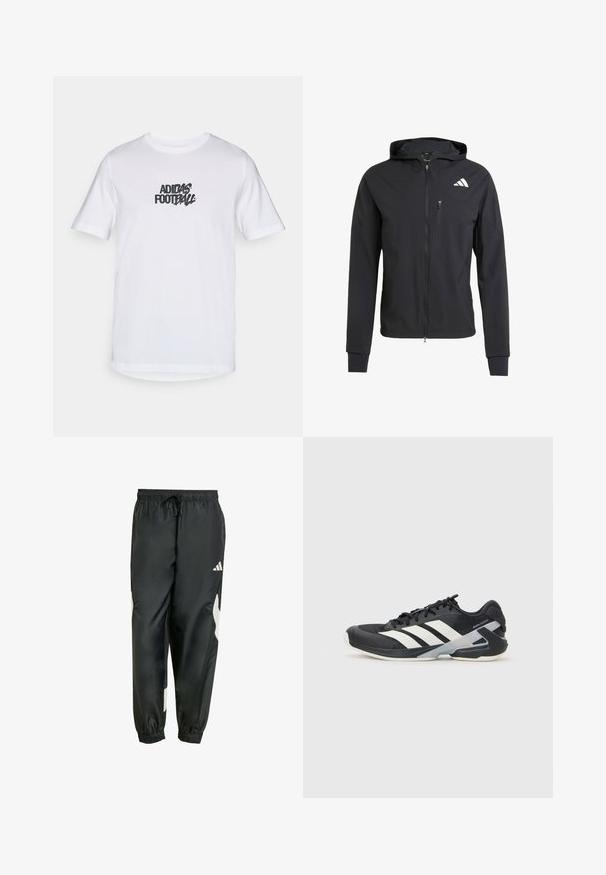 Svart zip-up huvtröja gjord av mjukt, lättviktigt tyg. Har en dragkedjeförsedd bröstficka och logotypdetalj på övre vänstra sidan.; Vit bomullströja med korta ärmar, med en svart Adidas Football-grafik på framsidan. Standard design med rundad halsringning.; Svarta träningsbyxor med elastisk midja, justerbar dragsko och vita sidokanter. Tillverkade av mjukt, lätt material.; Svart atletisk sko med vita ränder, mesh-övre, rund tå och dämpad sula. Har en strukturerad häl och ett säkert snörningssystem.