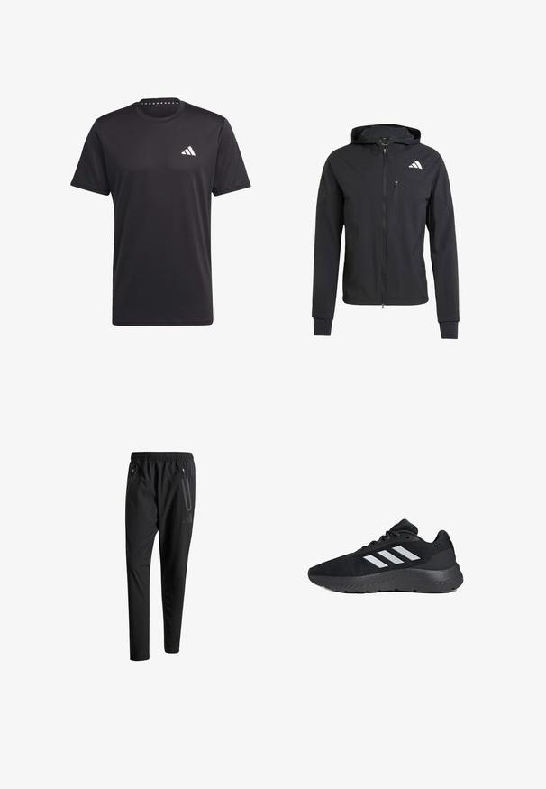 Chaqueta con capucha de color negro y cremallera, hecha de un tejido suave y ligero. Presenta un bolsillo en el pecho con cremallera y un detalle del logo en el lado superior izquierdo.; Camiseta atlética negra hecha de tejido transpirable, con un cuello redondo, mangas cortas y un logo blanco en el pecho. Diseño texturizado.; Pantalones deportivos negros con una cintura elástica, dos bolsillos laterales con cremallera, piernas ajustadas y un discreto detalle de logo en la cadera.; Zapatilla deportiva negra con parte superior de malla, tres franjas blancas, suela acolchada y detalles texturizados en la suela exterior.